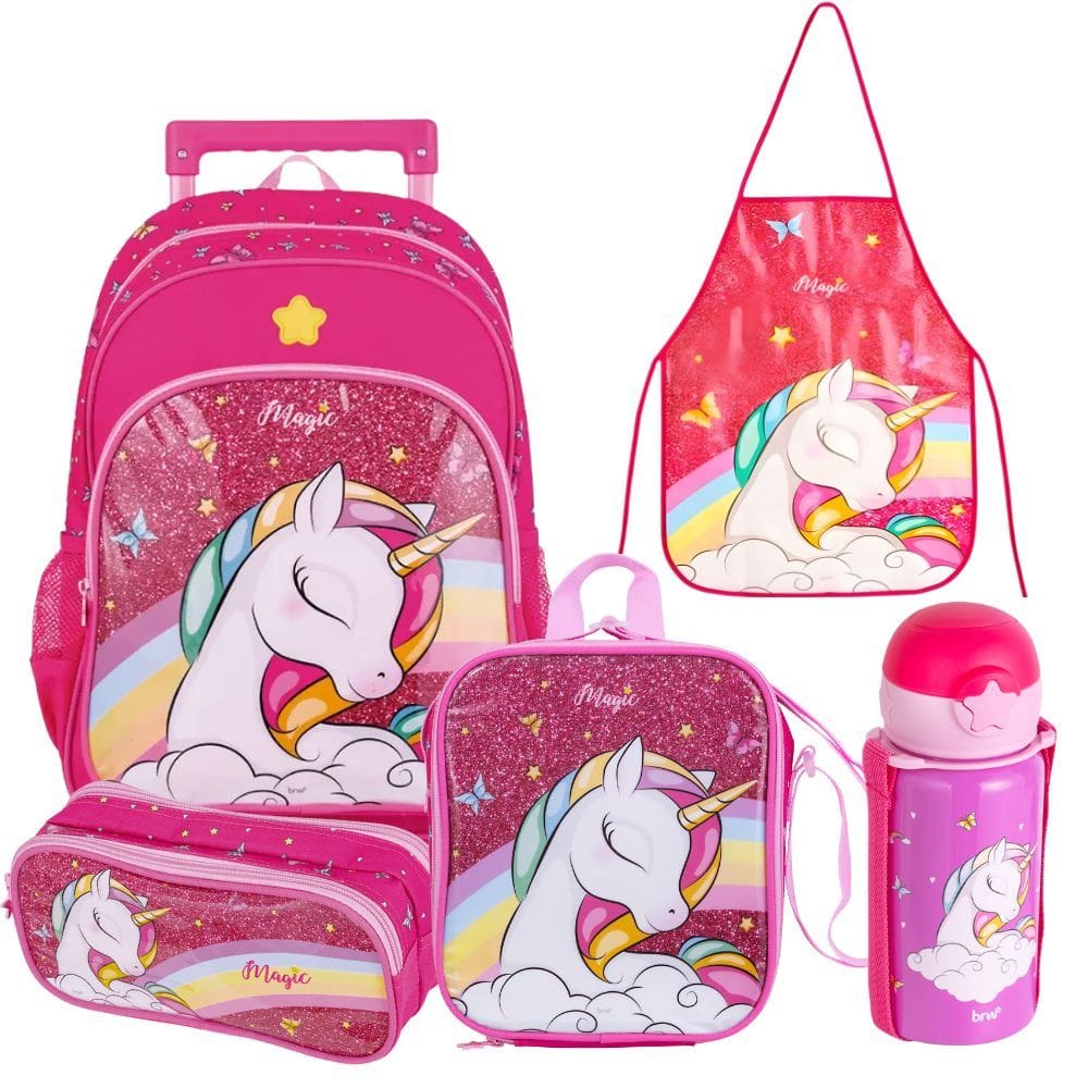 Kit Material Escolar Infantil Completo Conjunto c/ Mochila Estojo Lancheira Avental e Garrafa Unicórnio Magic Rosa - BRW