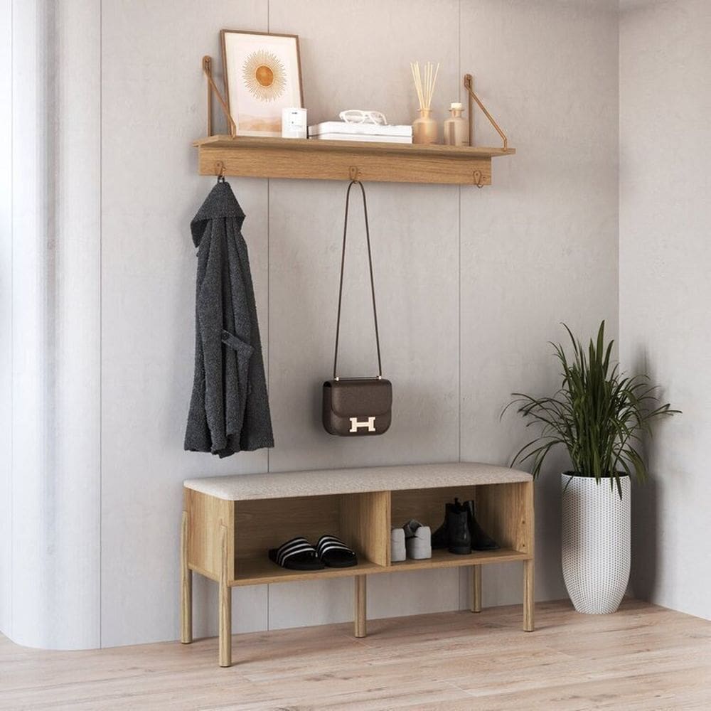 Conjunto Sapateira Banco Estofada e Prateleira Pé Madeira Oslo Hanover