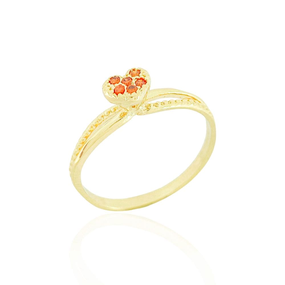 Anel Aro Vazado e Coração Zircônias Laranja Banhado a Ouro