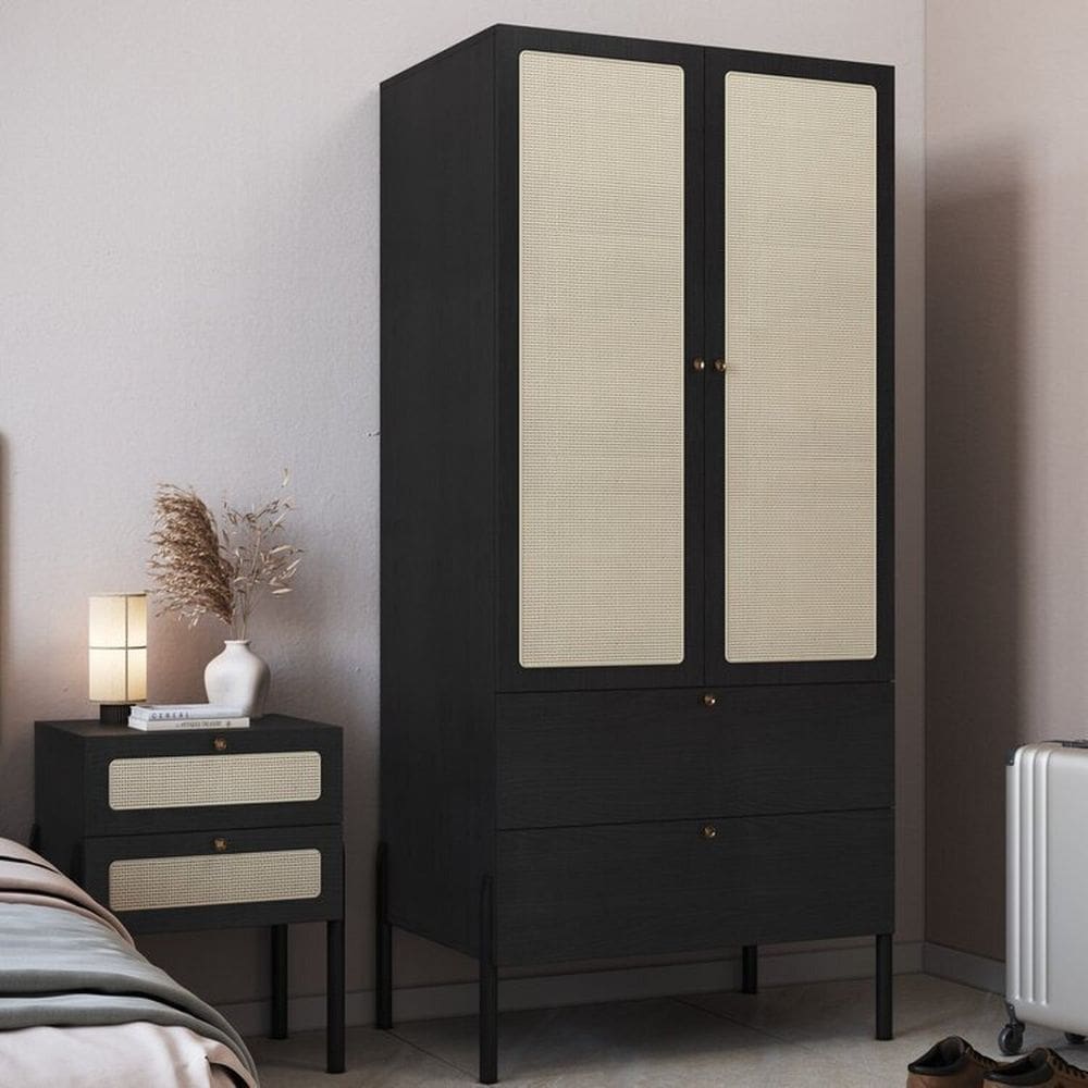 Conjunto Guarda Roupa 2 Portas 2 Gavetas e Mesa de Cabeceira 2 Gavetas Palhinha Pé Madeira Oslo Nero/Preto