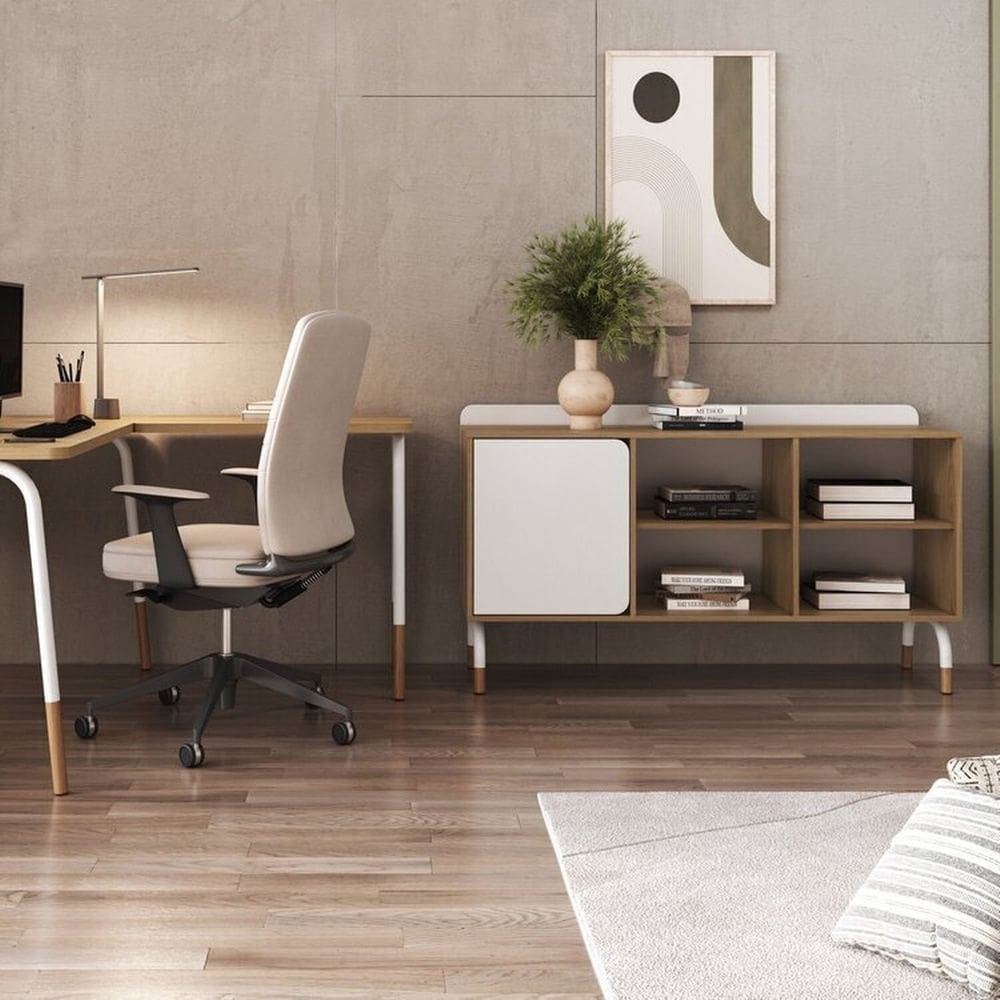 Conjunto Mesa Escrivaninha Estação de Trabalho em L 120cm e Balcão 2pt 136cm Home Office Flexus Hanover/Branco