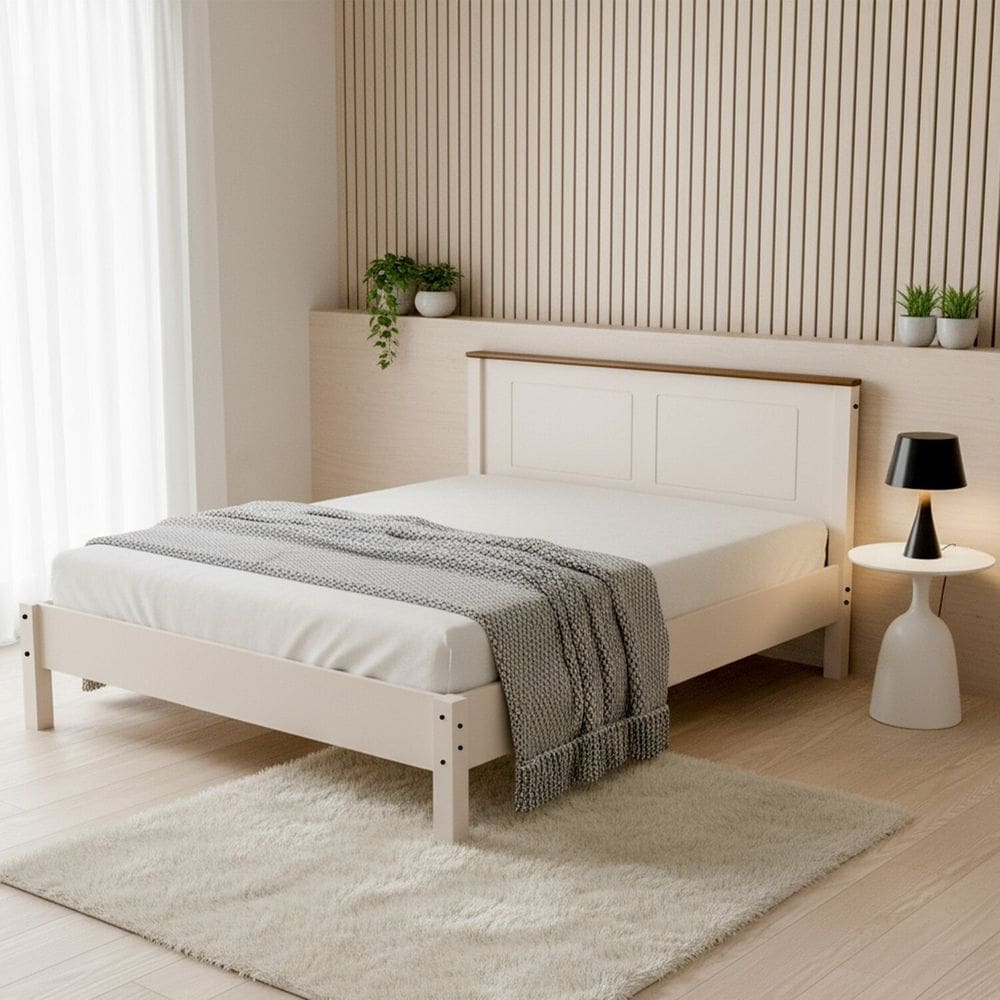 Cama Casal 158cm com Pés em Maderia Maciça Joy Off White