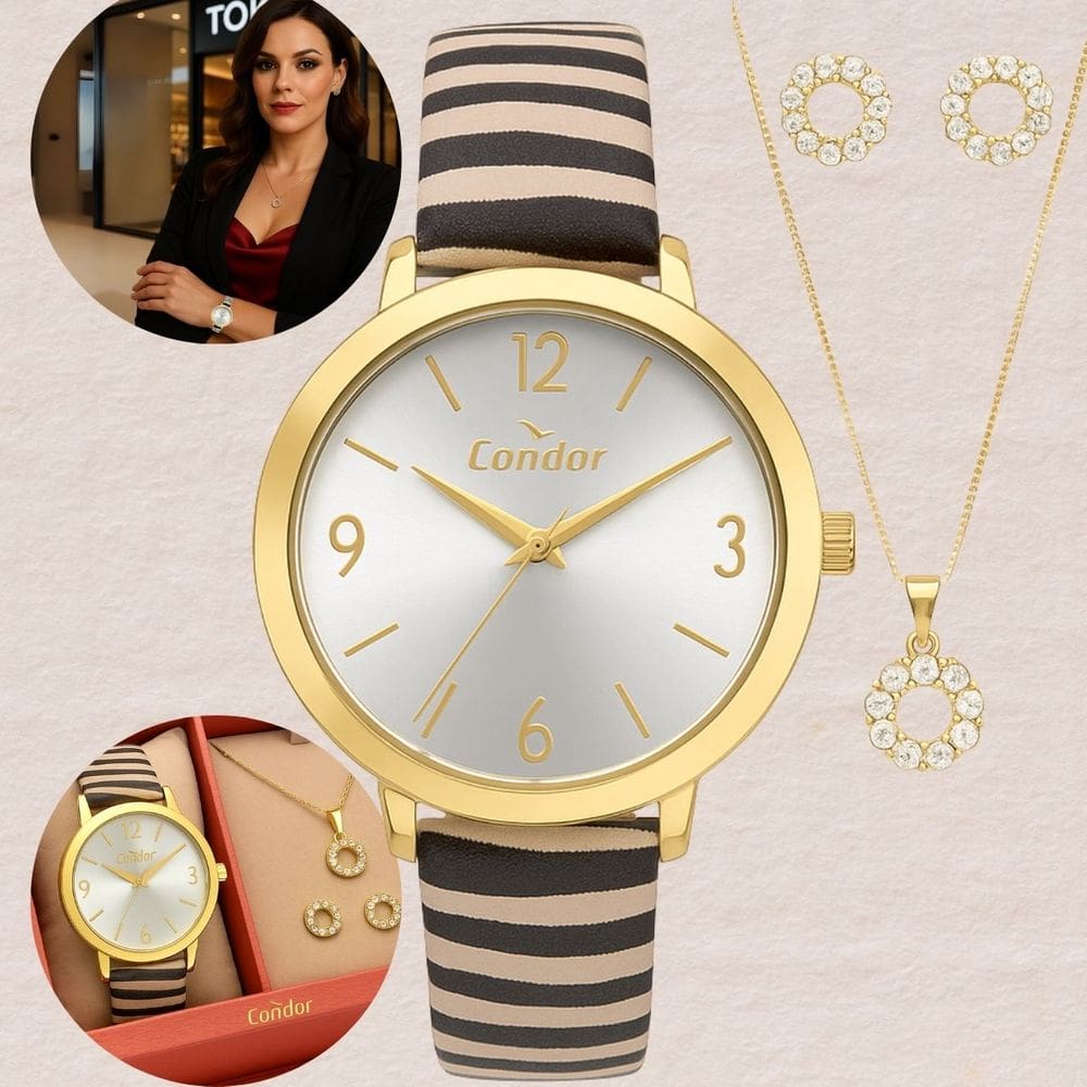 Kit Relógio de Pulso Condor Feminino Redondo Animal Print Analogico Dourado COPC21JGY/K3D + Colar e Brinco