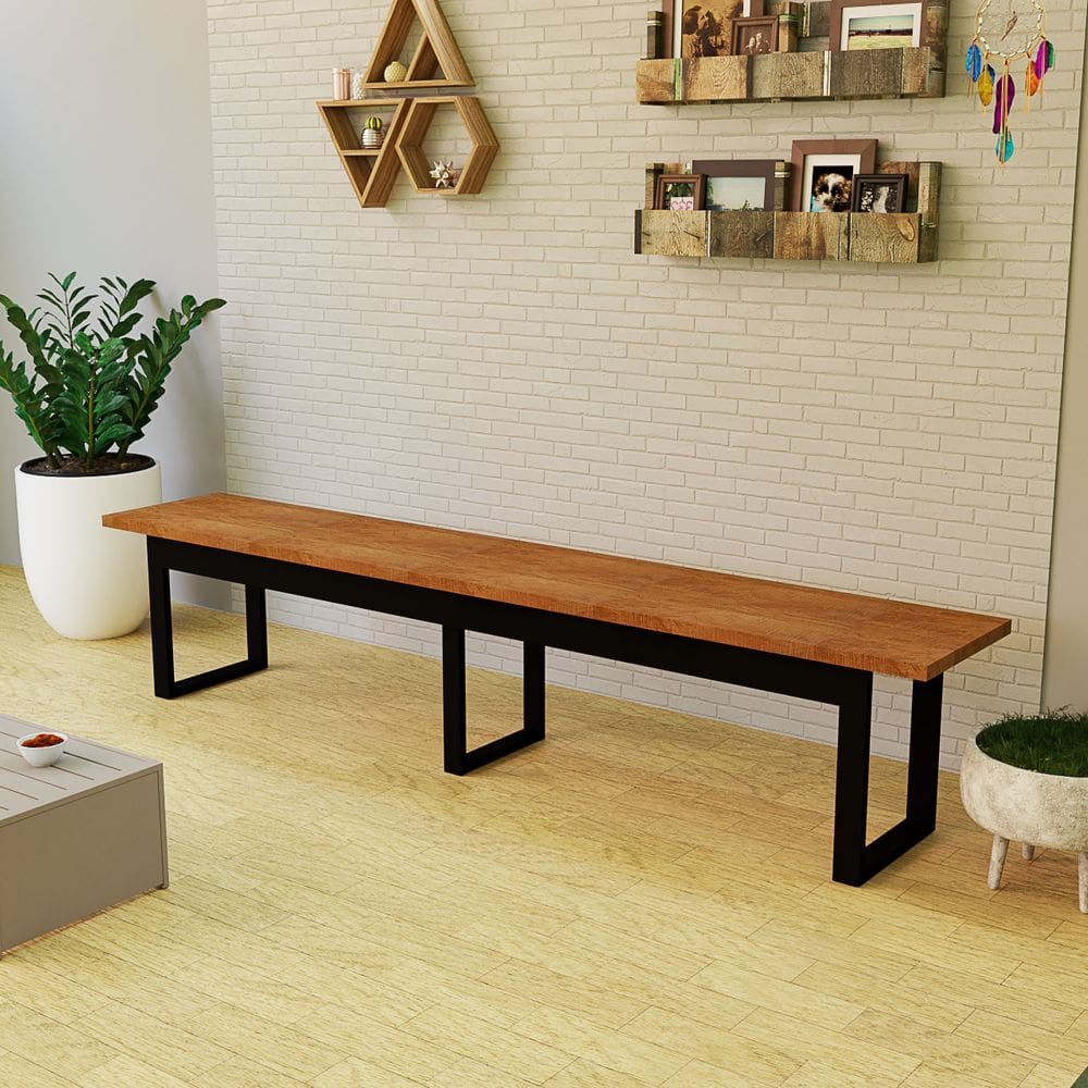 Banco De Madeira MDF Com Base De Ferro Estilo Industrial Sala Jardim 190 cm