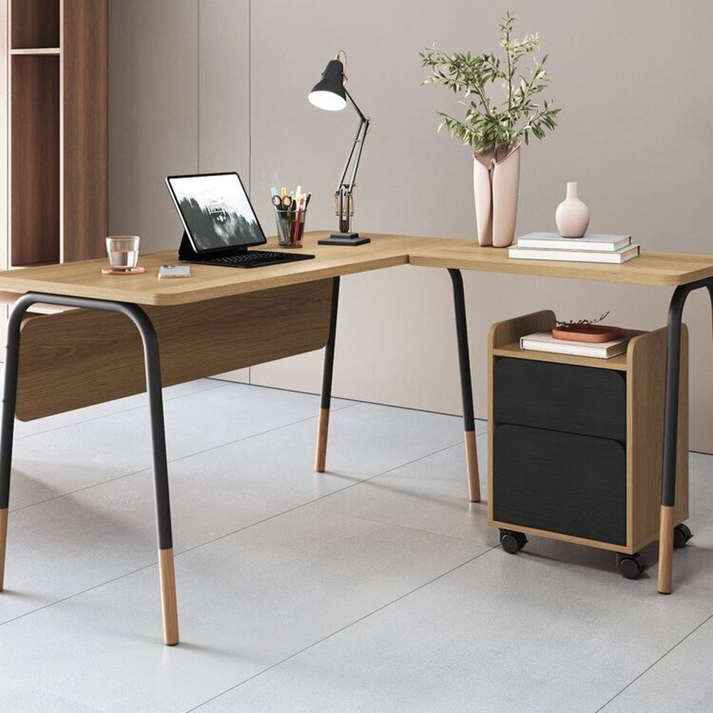 Conj Mesa Escrivaninha Estação de Trabalho em L 136cm e Gaveteiro 2gv Flexus Hanover/Nero