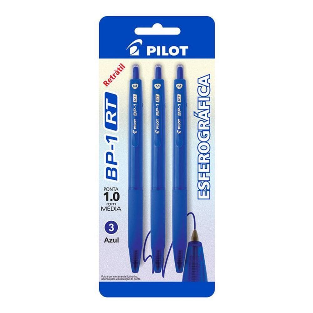 Caneta esfer 1.0 Retrátil BP1RT c/ 3 unid azul Pilot