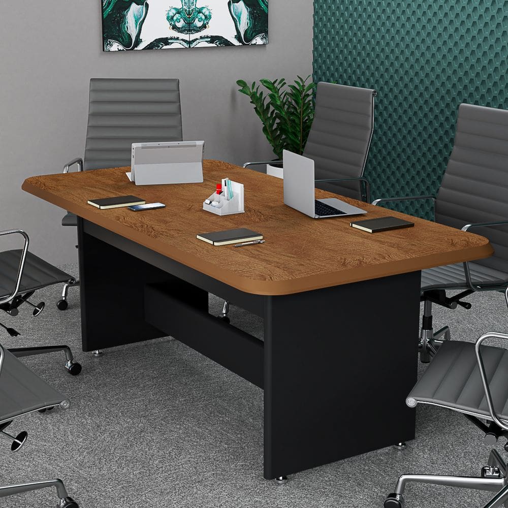 Mesa Para Sala De Reunião Office Executivo Para 6 Lugares Tampo Amadeirado