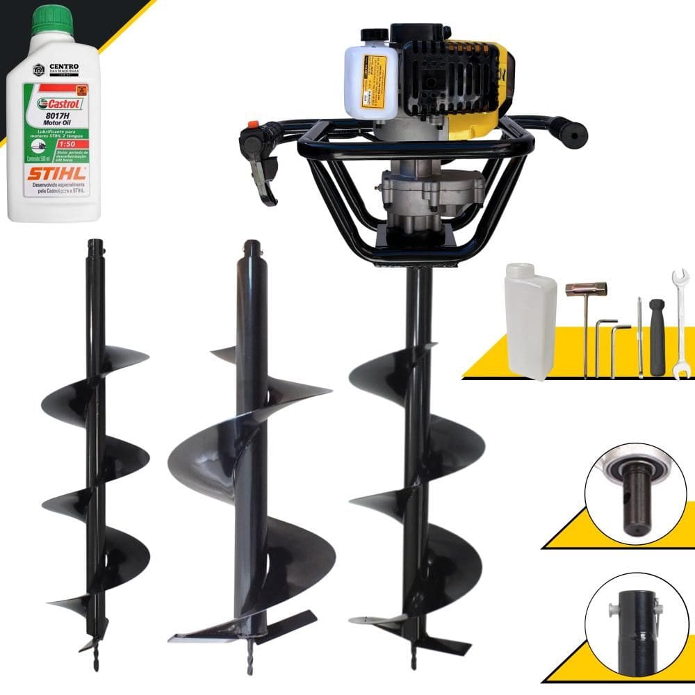 Polaca Cavadeira À Gasolina Lynus PSL517 Motor 2T 52cc 1,8HP 9.000rpm Perfurador de Solo Com 3 Brocas 80x20cm 80x25cm 80x30cm + ÓLEO STIHL 2T