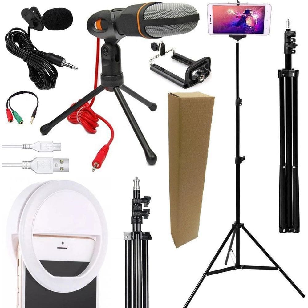 Kit Tripé Pedestal+Microfone Condensador+Lapela  Ring Light