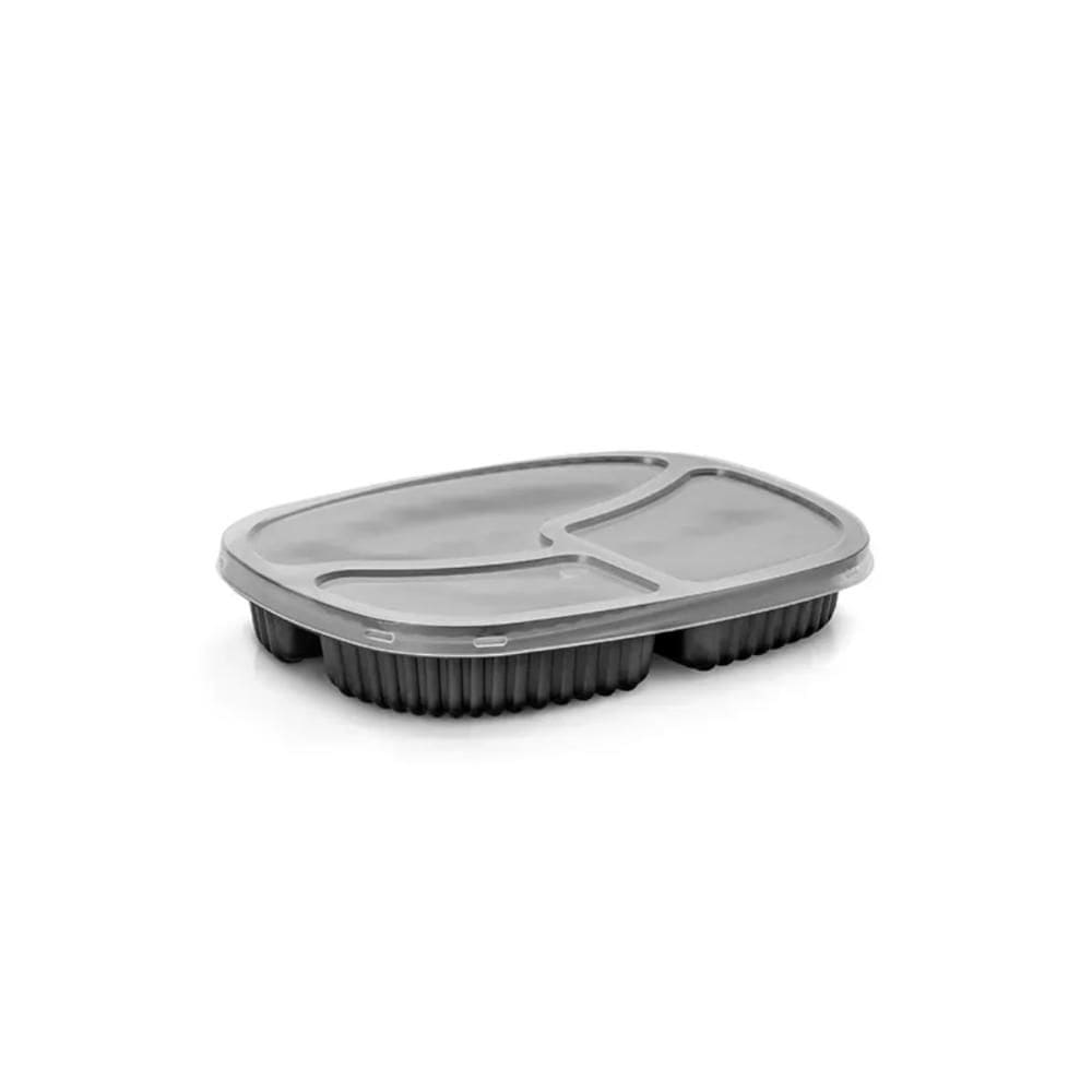 100un Pote Refeição com 3 Divisórias 550ml G355 Preto Freezer Microondas Galvanotek