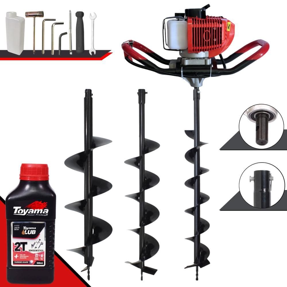 Trado Motorizado À Gasolina Anmax GD520-B 52cc 2,2HP 7.000rpm Perfurador de Alta Performance + Brocas 80x10, 80x15 e 80x20 + ÓLEO TOYAMA FG50 2T