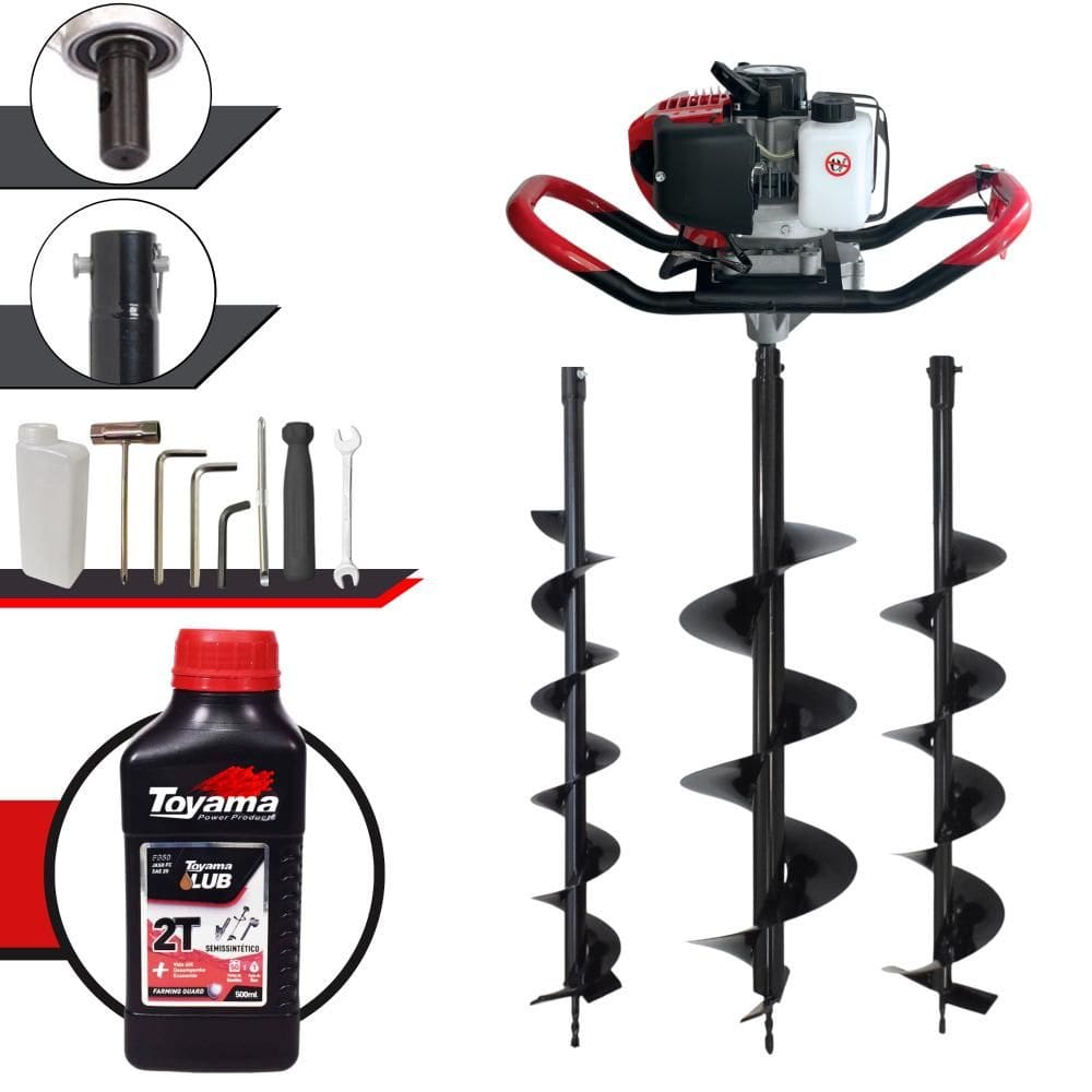 Perfurador À Gasolina Anmax GD520B 52cc 2,2HP 7.000rpm P/ Construção Civil e Mourões Com Brocas 80x10cm, 80x15cm e 80x20cm + EXTRA ÓLEO TOYAMA 2T