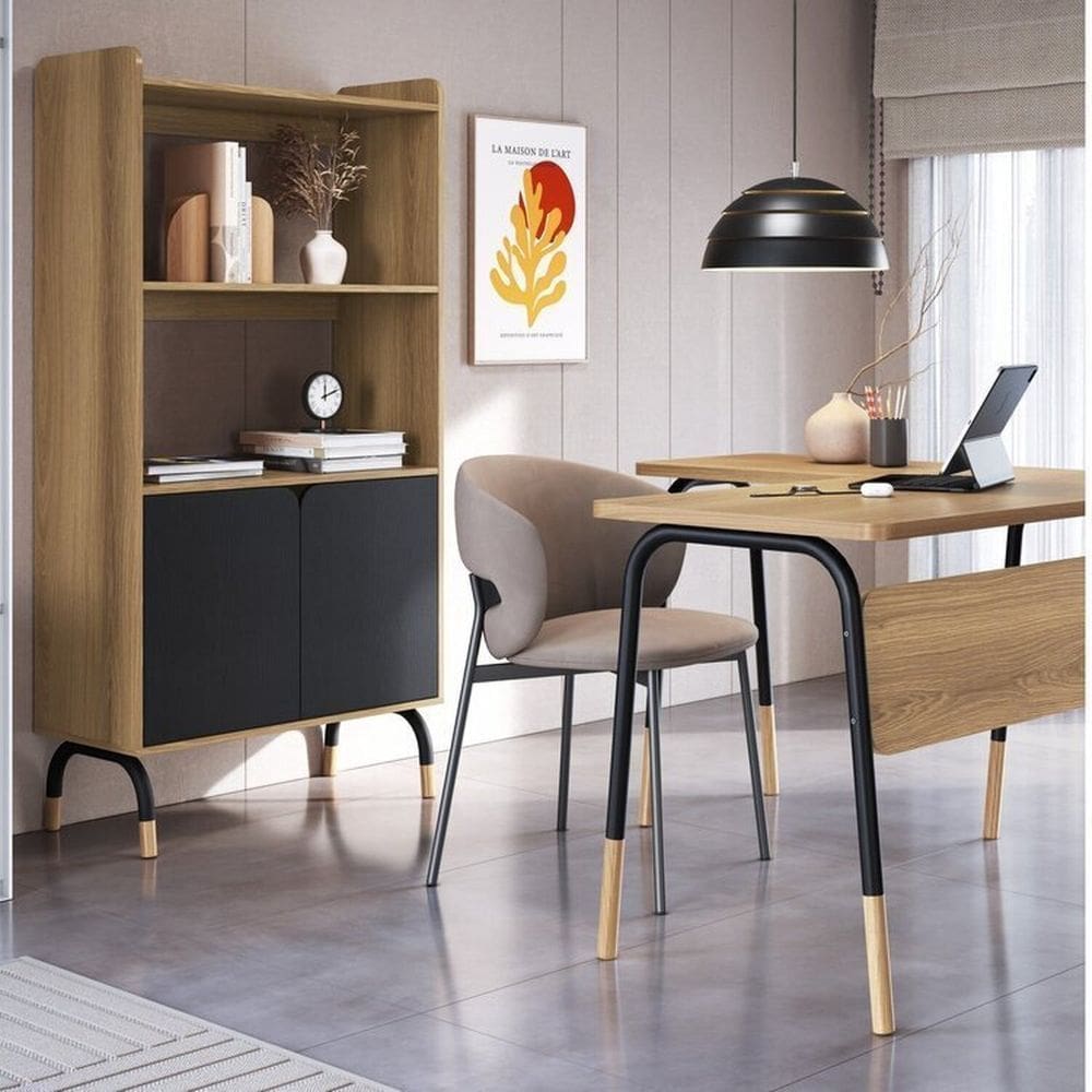 Conjunto Mesa Escrivaninha Estação de Trabalho em L 120cm e Armário 2pt Home Office Flexus Hanover/Nero