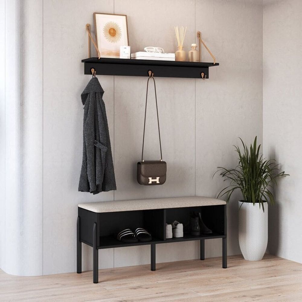 Conjunto Sapateira Banco Estofada e Prateleira Pé Madeira Oslo Nero/Preto