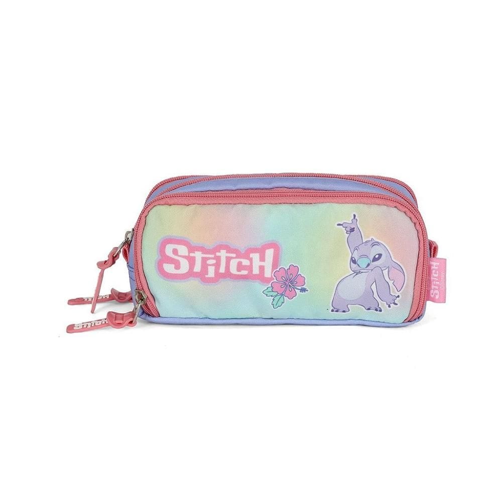 Estojo Escolar Triplo Luxcel Stitch Flores Rosa