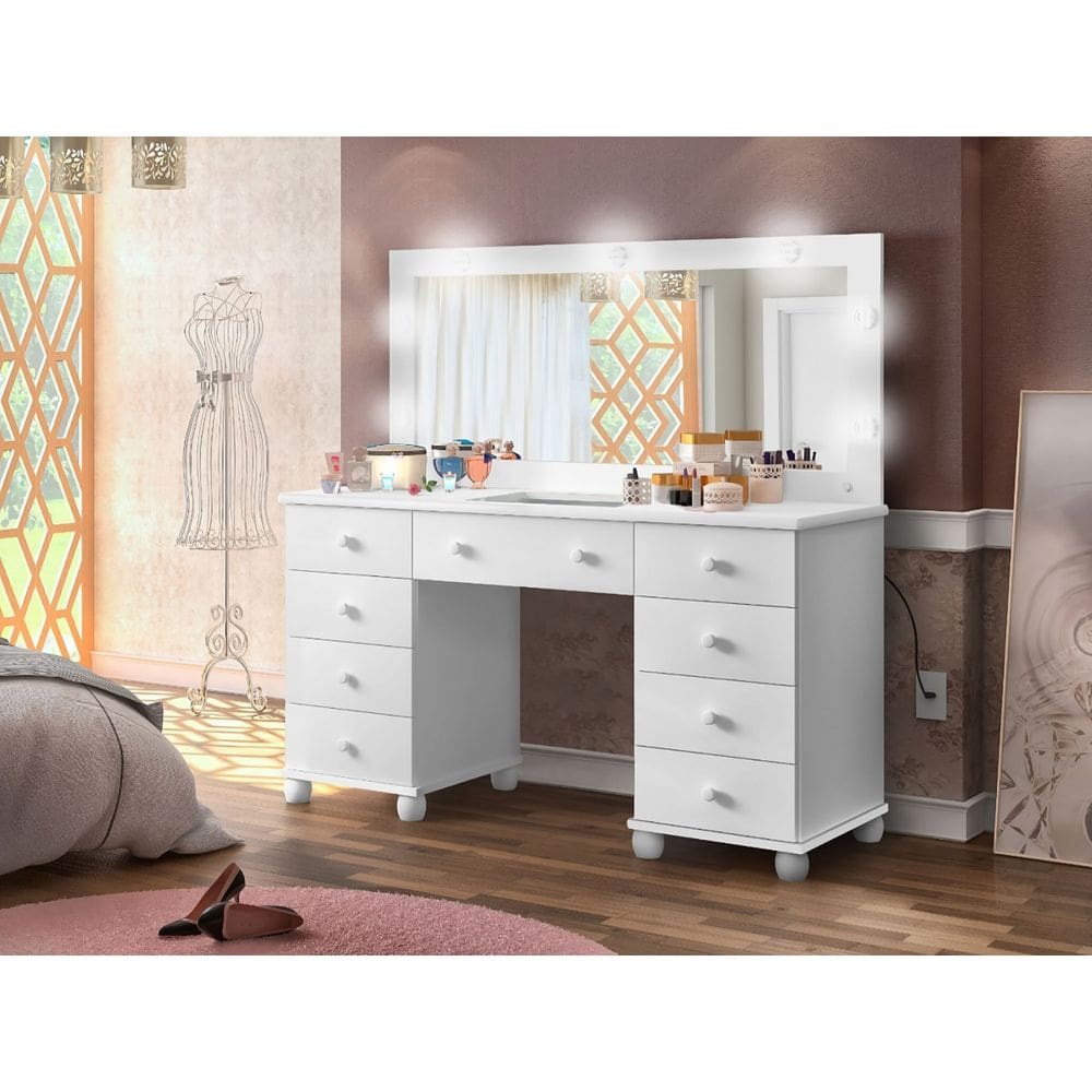 Penteadeira Camarim Completa Com Espelho E Iluminação 9 Gavetas