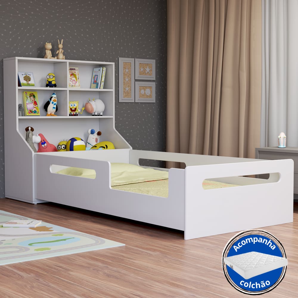 Cama Infantil Montessoriana Branca Com Cabeceira Estante E Colchão Incluso