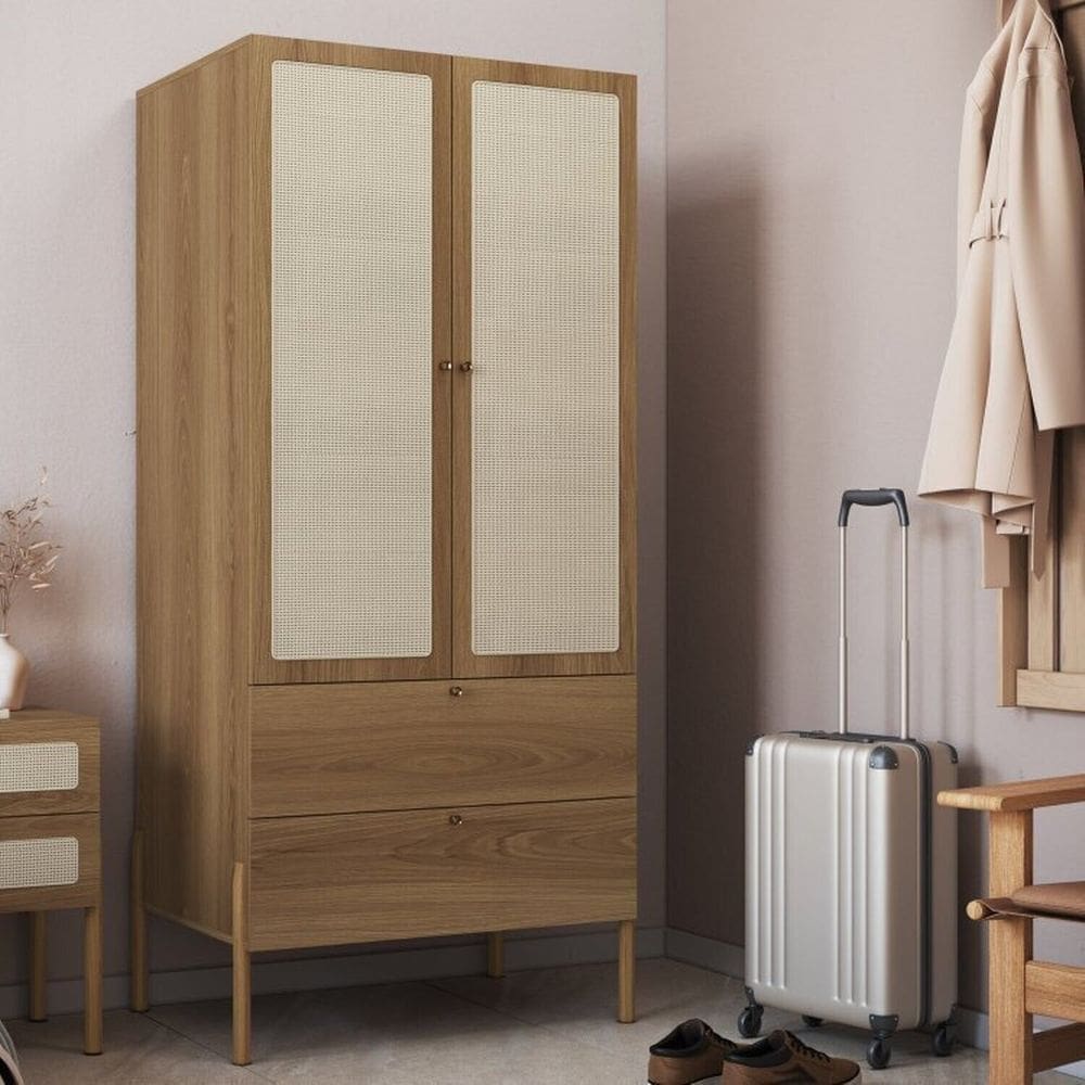 Conjunto Guarda-roupa 2 Portas 2 Gavetas e Mesa de Cabeceira 2 Gavetas Palhinha Pé Madeira Hanover