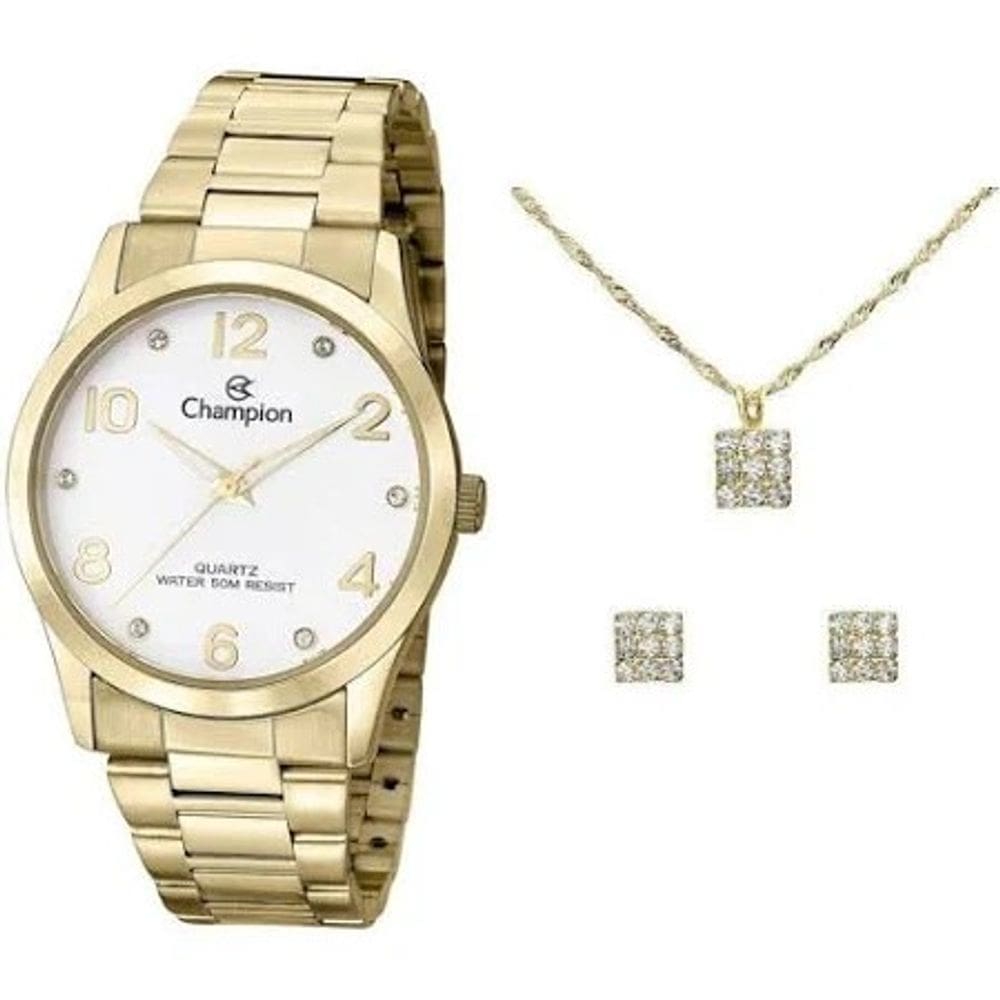 Kit Relógio Champion CN 29052W Feminino Dourado
