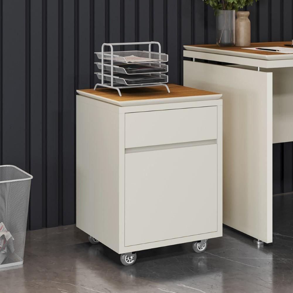 Gaveteiro Multiuso Com 2 Gavetas Para Escritório Tundra - Off White E Cedro