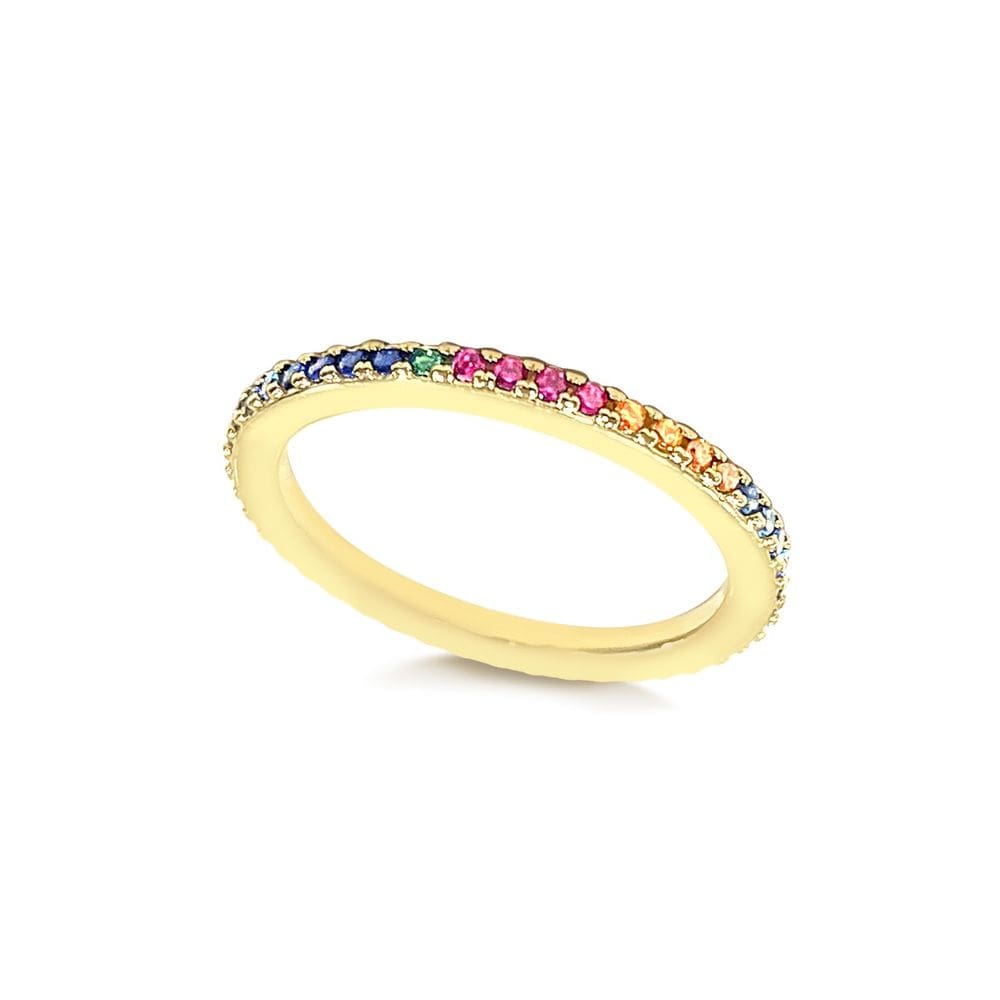 Anel Aliança Cravejada Zircônias Coloridas Banhado a Ouro