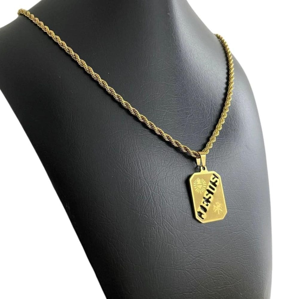 Cordão Baiano 5Mm + Pingente Placa Jesus - Banhado A Ouro