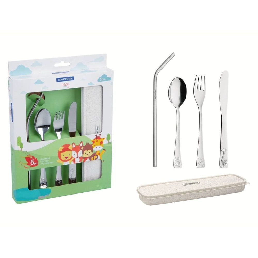 Talheres Infantil Aço Inox Colher Garfo Faca Canudo com Estojo Portátil Tramontina