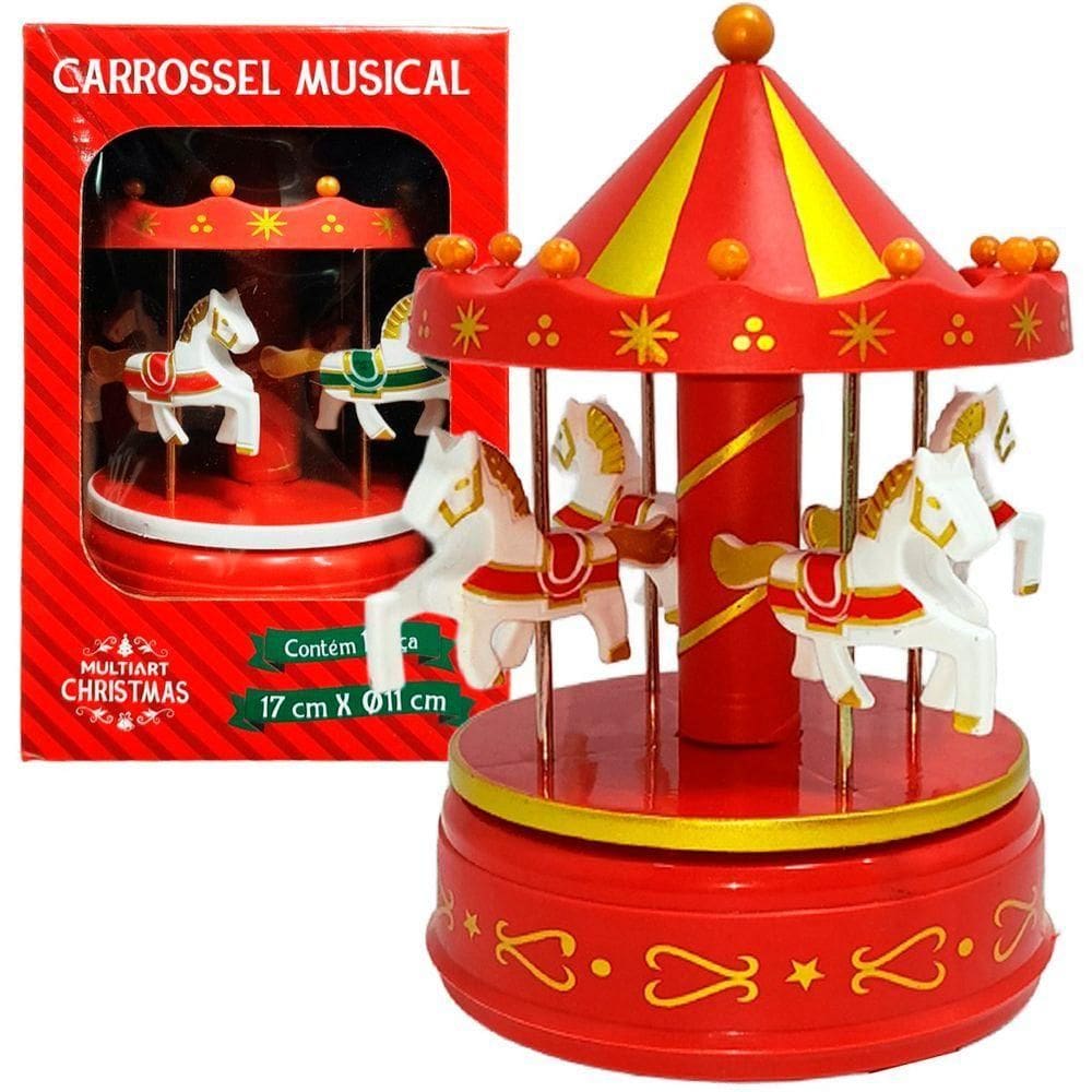 Carrossel Musical Enfeite Decoração Natalina à Corda De 17cm Vermelho