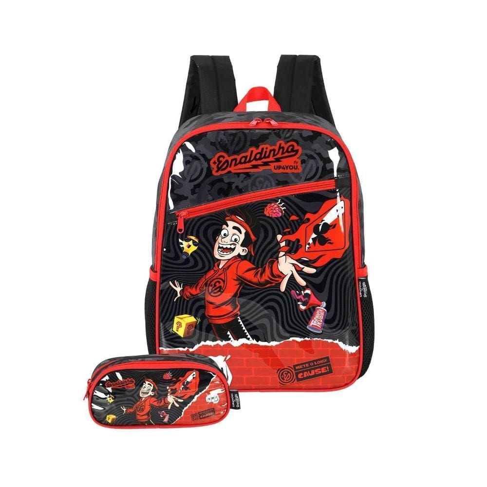Kit Mochila Enaldinho De Costas E Estojo Duplo Escolar Preto