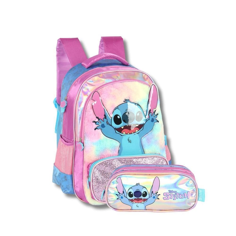 Kit Mochila Stitch Costas E Estojo Triplo Escolar Kids Roxo