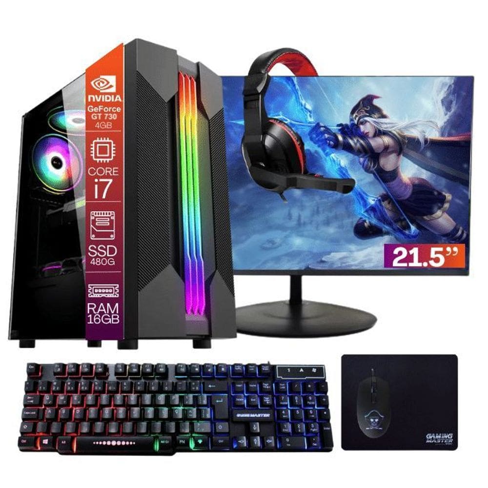 Computador PC Gamer Completo TOB Core i7 SSD 480GB 16GB VGA GT730 4GB Windows 10 Pro Trial + Teclado/Mouse + Mouse Pad + Headset + Monitor 21.5