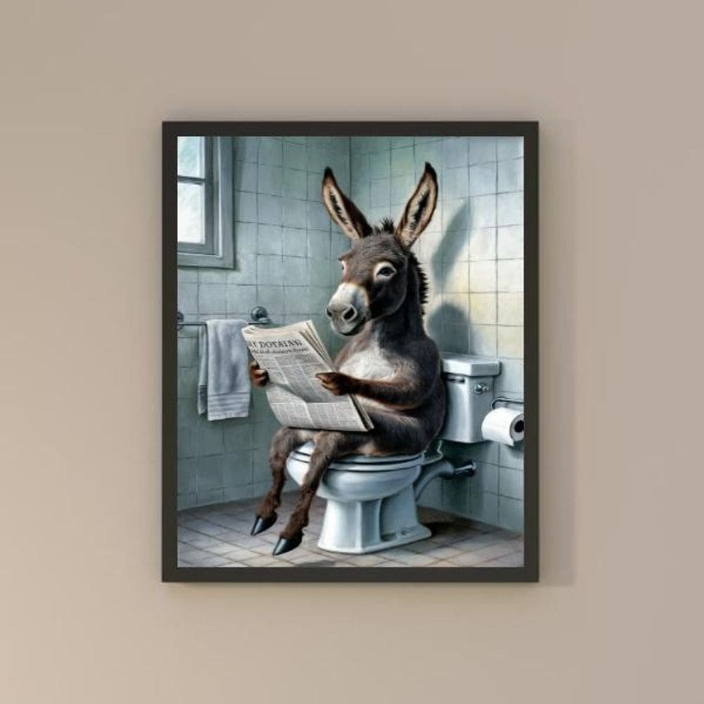 Quadro Divertido Banheiro Burro Lendo Jornal 33X24Cm