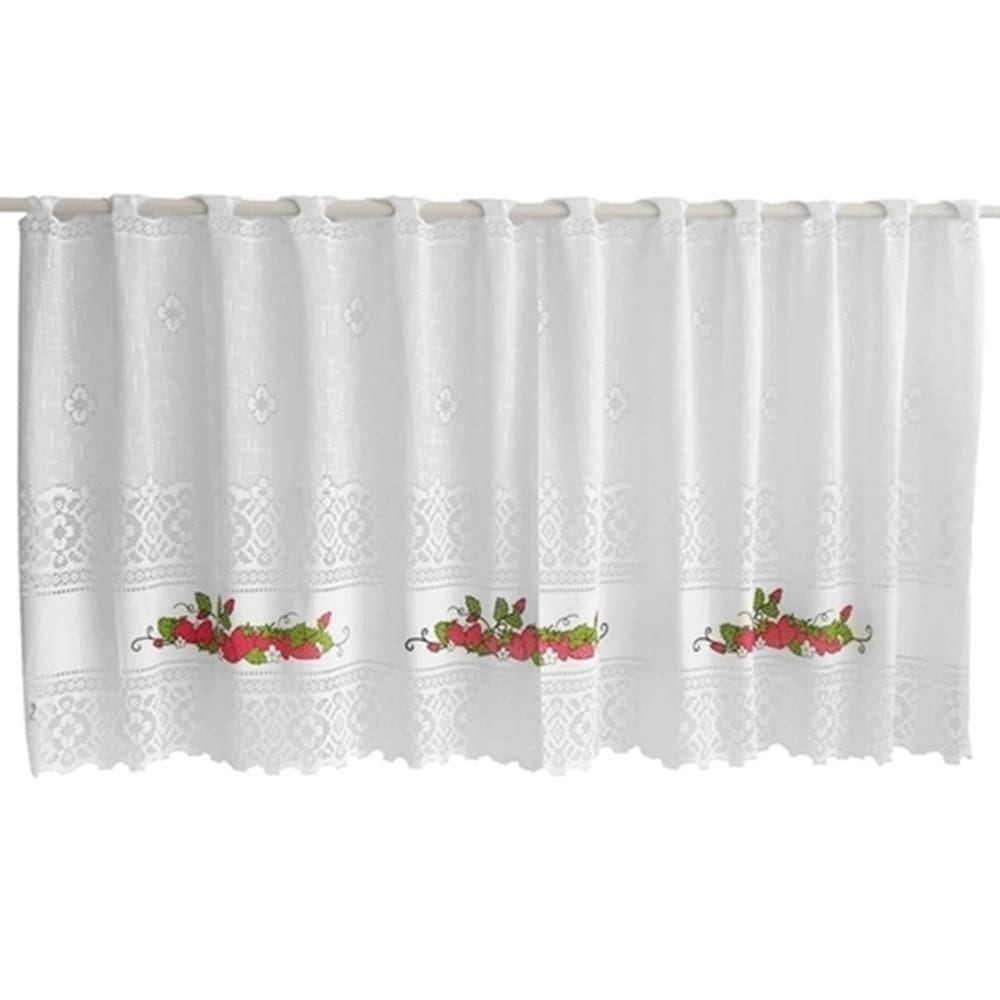 Cortina Vitro Renda Branca Morango 2,00Larg X0,80Alt Cozinha