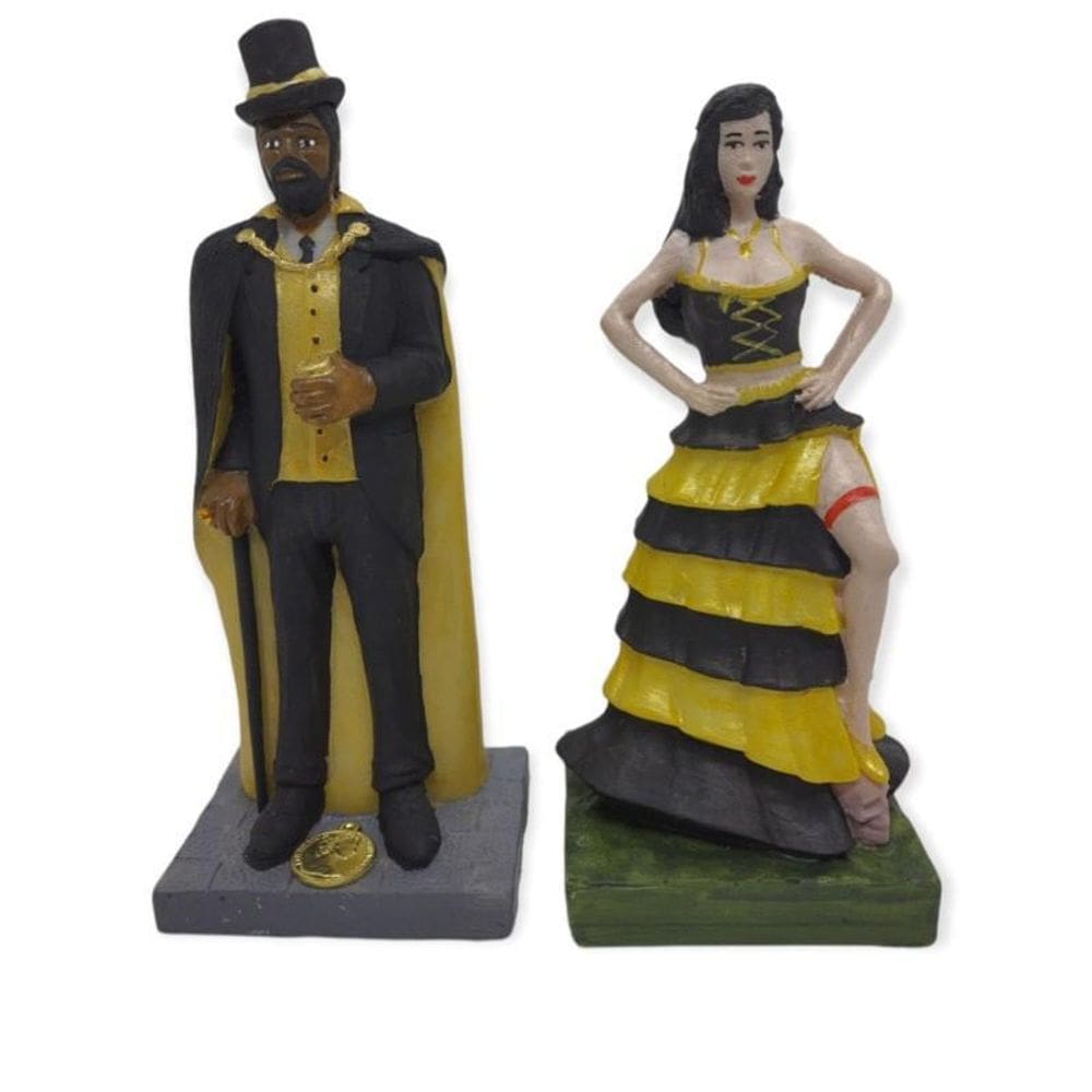 Esculturas Orixás Exú E Pomba Gira Dourado Preto 16 Cm