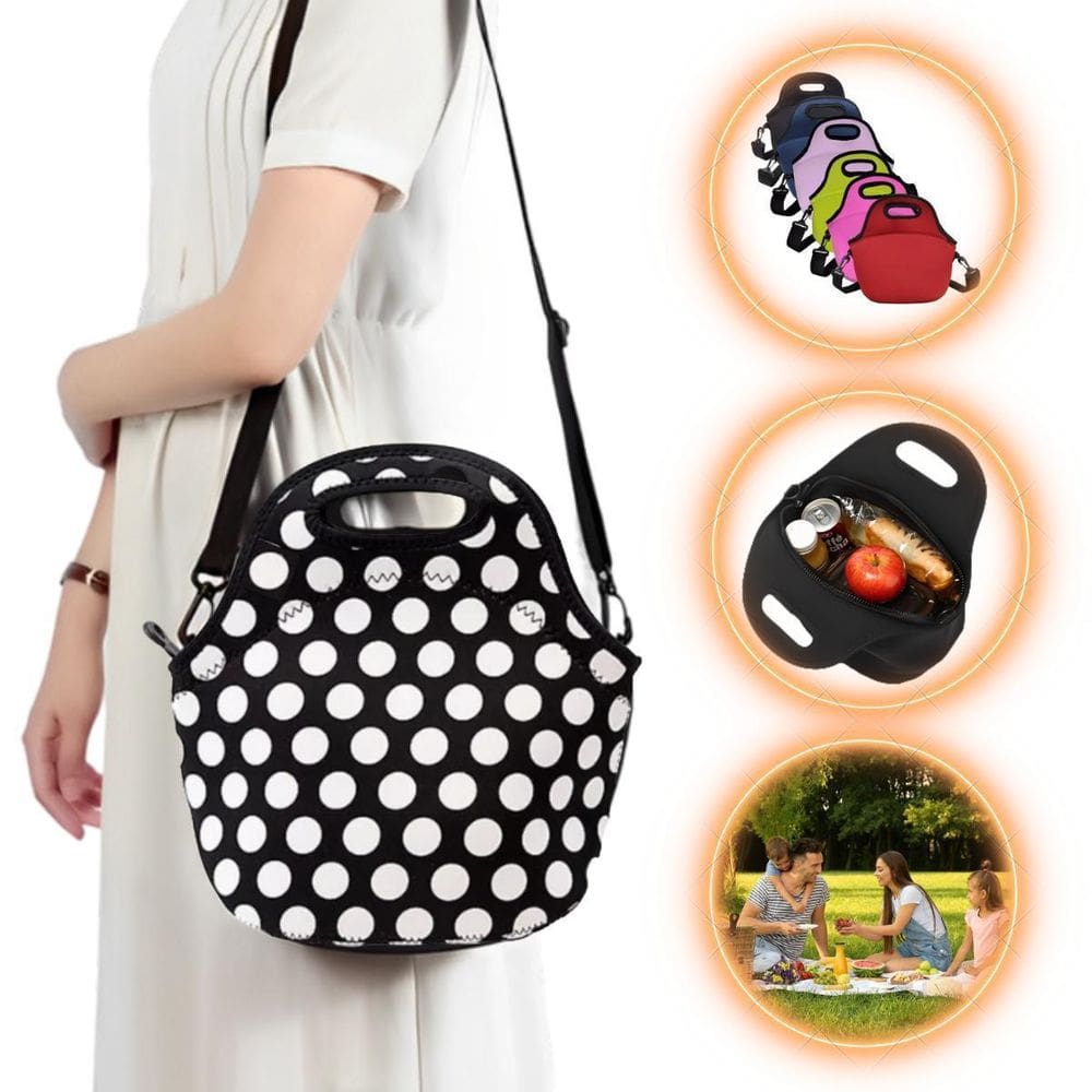 Bolsa Lancheira Térmica Neoprene Modelo Bolas Brancas