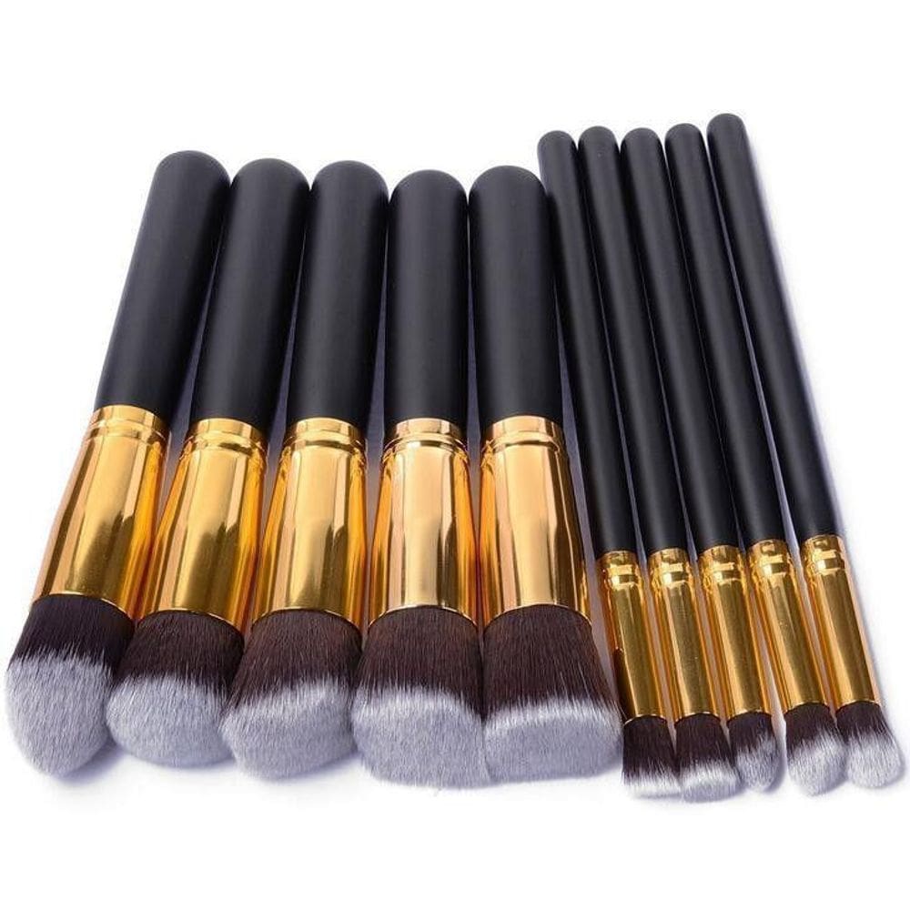 Kit De Pincéis Kabuki 10 Peças  Preto/Dourado