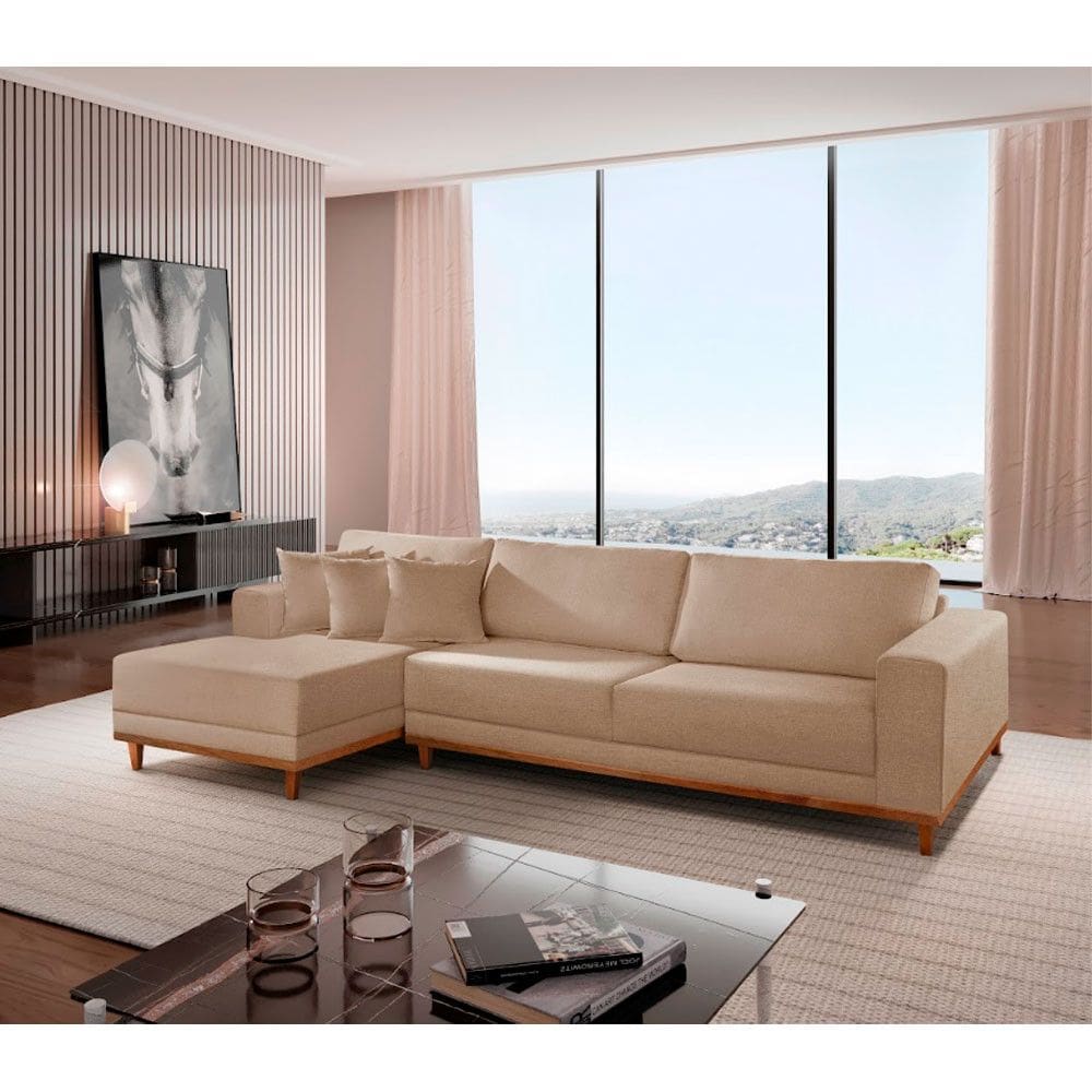 Sofá Fixo Com Chaise 2,5M Cronos Linho Com Molas lado Esquerdo Meu Sofá Online