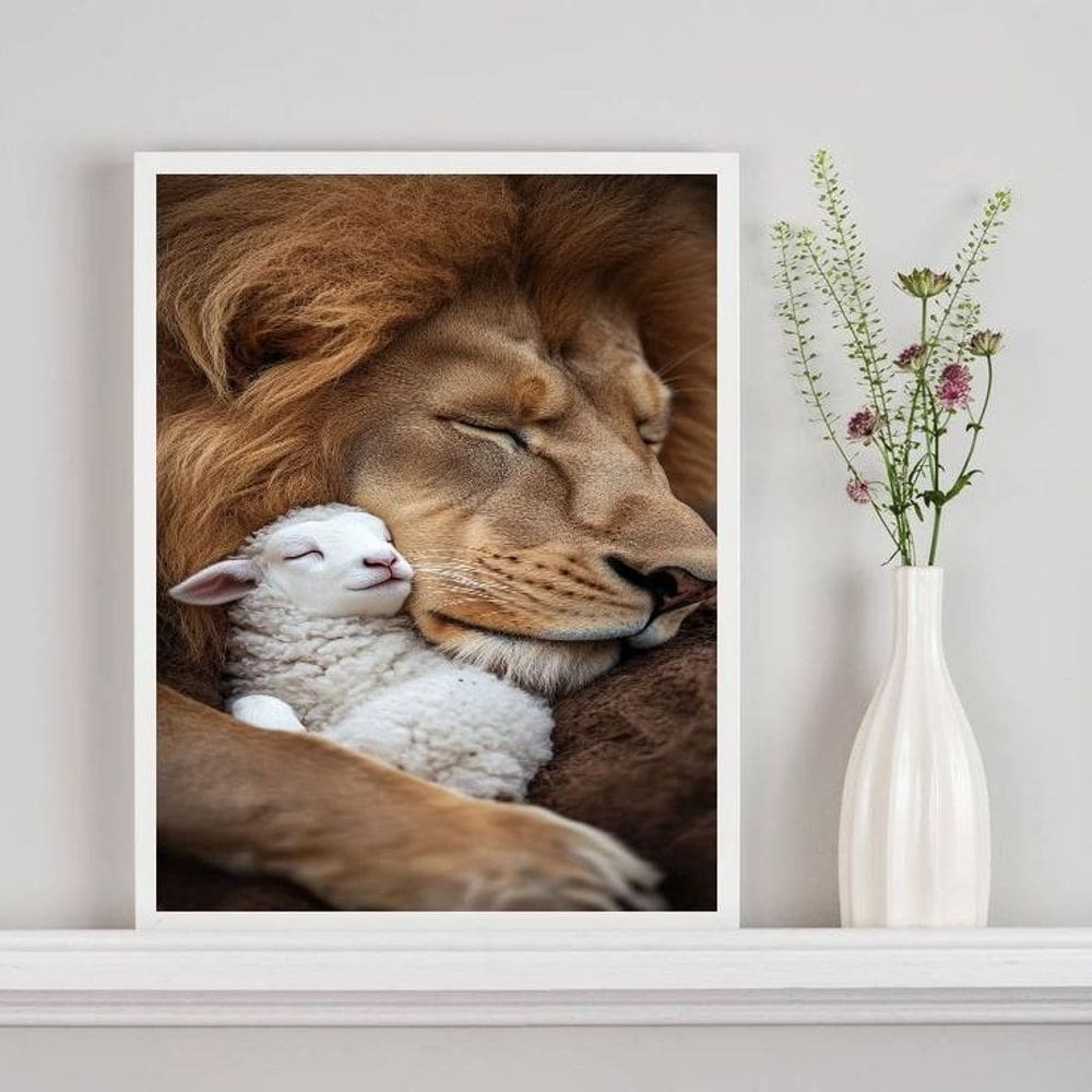Quadro Decorativo Leão Com Cordeiro 33X24Cm - Com Vidro