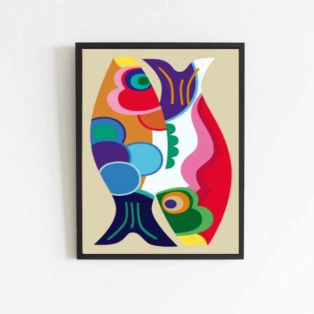 Quadro Decorativo Peixes Abstratos Coloridos 33x24cm Preta