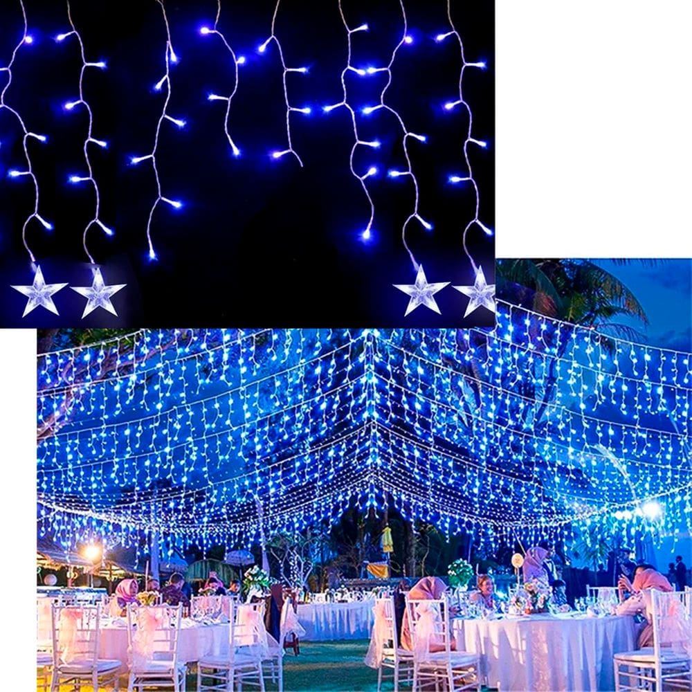 Pisca Cascata Varal Estrelas 225 Lâmpadas LEDs Azul 220v 6m