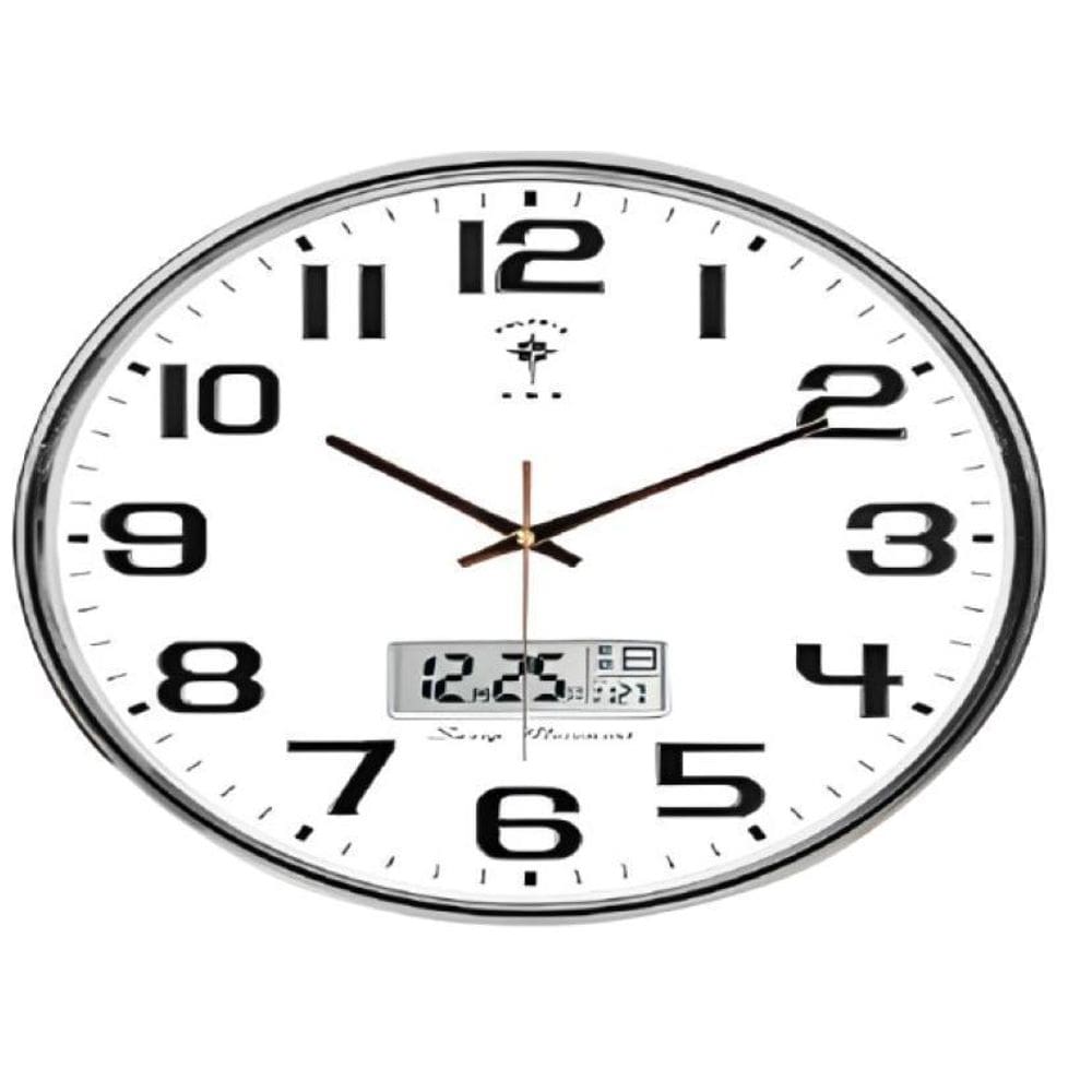Relógio Parede Redondo 38Cm Borda Prata Analógico E Digital
