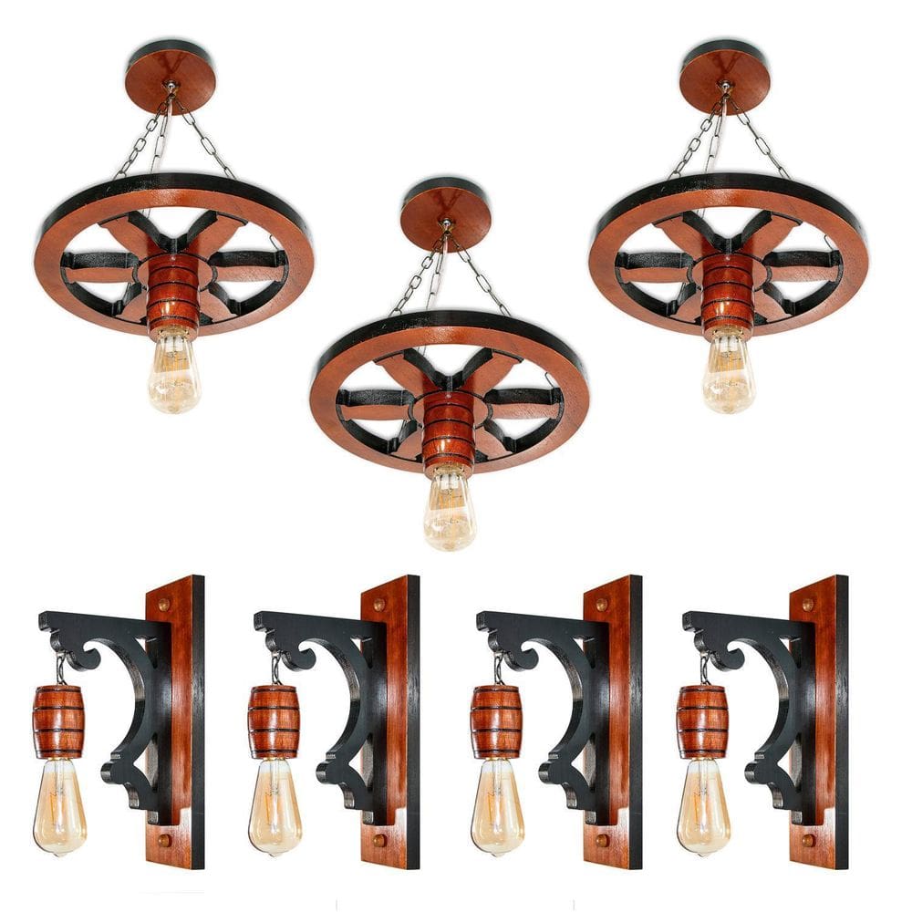 Kit Luminária Roda De Carroça E Arandelas Colonial Madeira