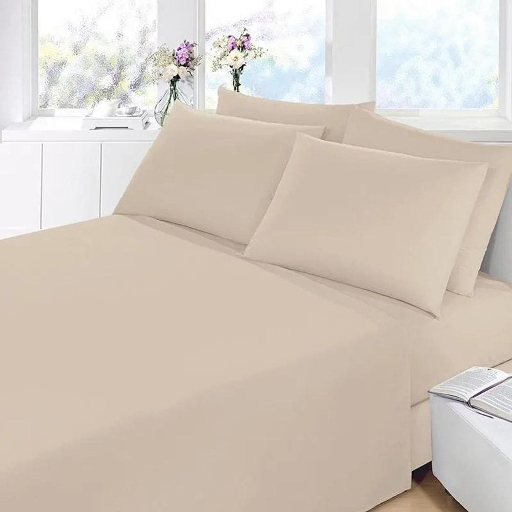 Lençol Casal Queen 4 Peças Cama Box Luxo - Bege