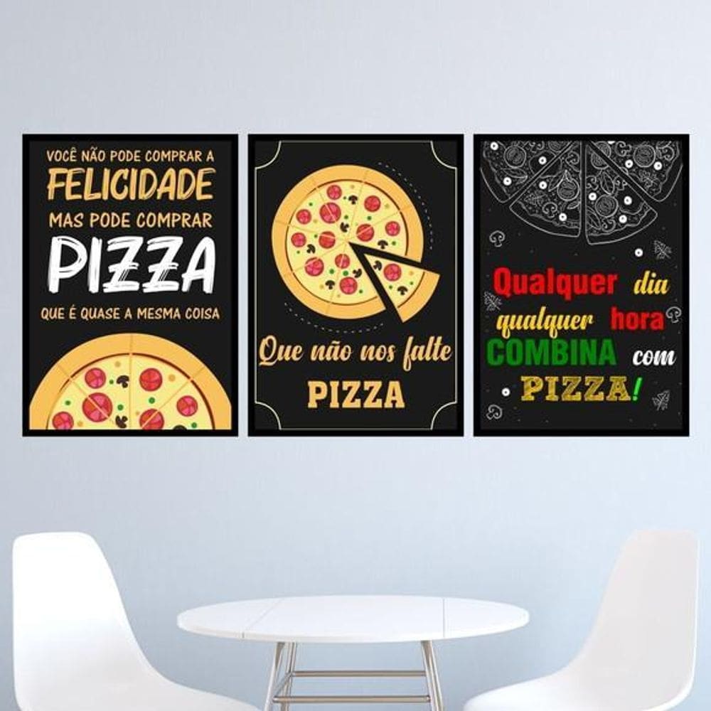 Kit 3 Quadros Frases Pizza 24X18Cm - Com Vidro