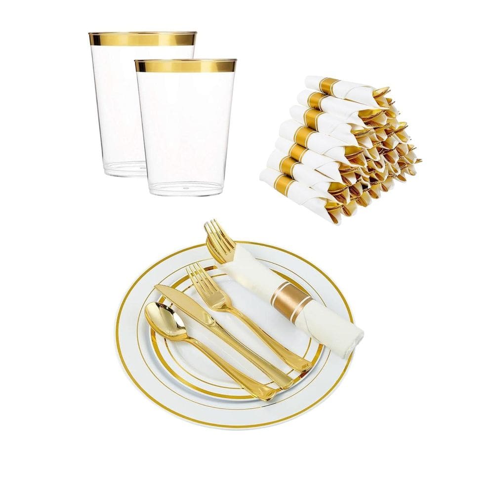 Kit Copo Prato Talher Descartável Luxo 30 Convidados - Gold