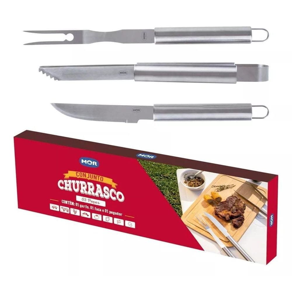 Jogo Para Churrasco Faca Garfo Pegador Aço Inox 3 Peças Mor