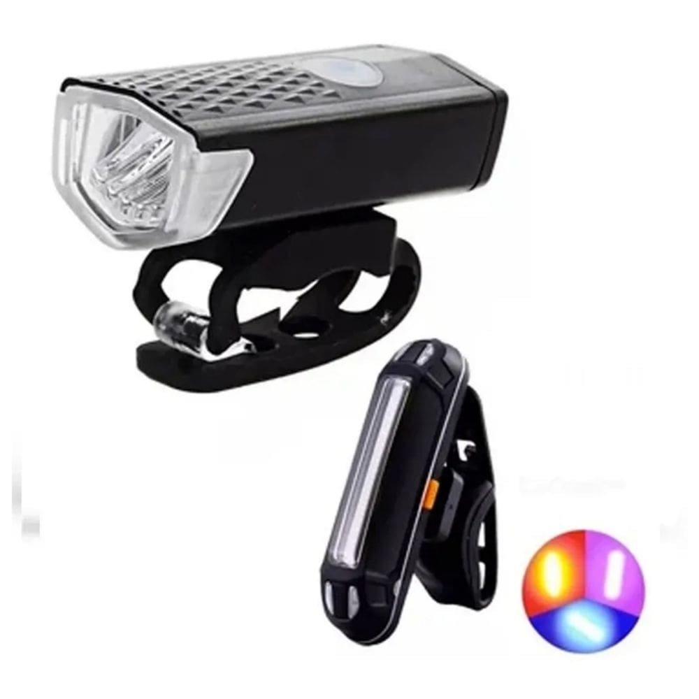 Pacote de luzes de bicicleta: luz LED branca frontal e 3 luzes traseiras USB