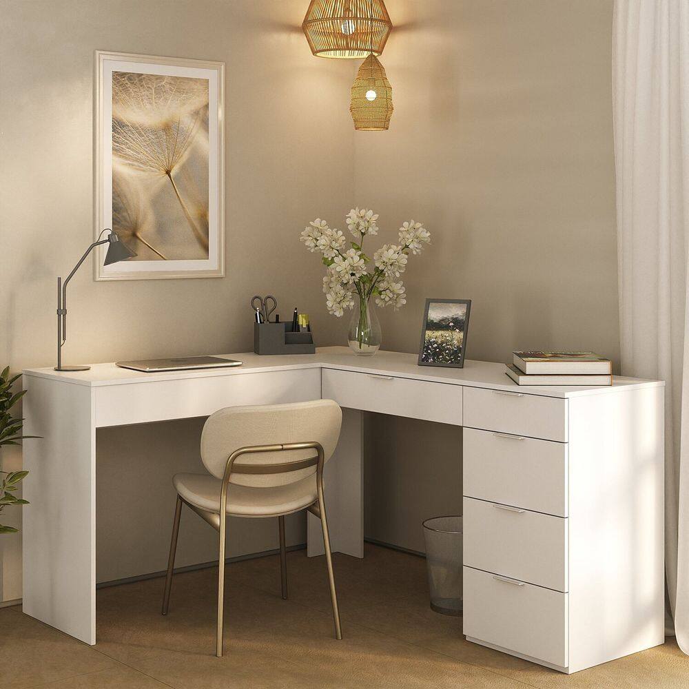Escrivaninha em L com 5 Gavetas para Escritório Branco