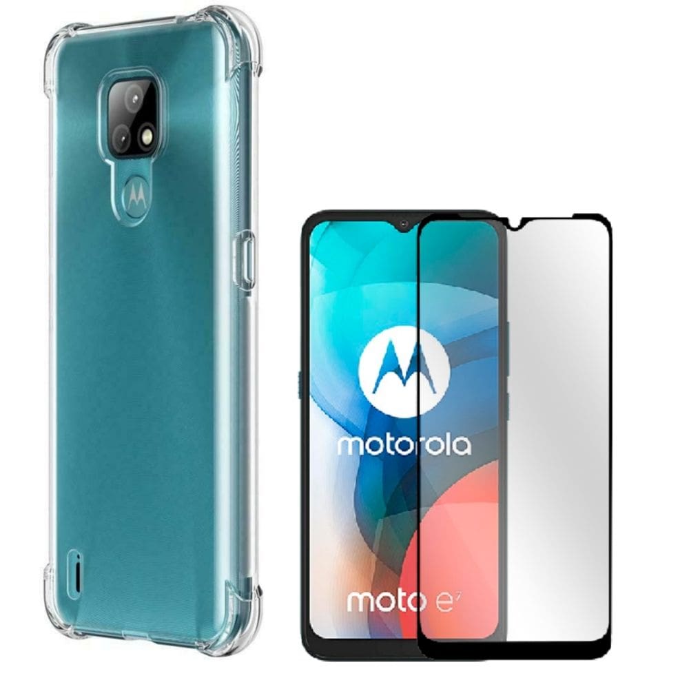Estojo e vidro temperado para Moto E7 anti-choque transparente
