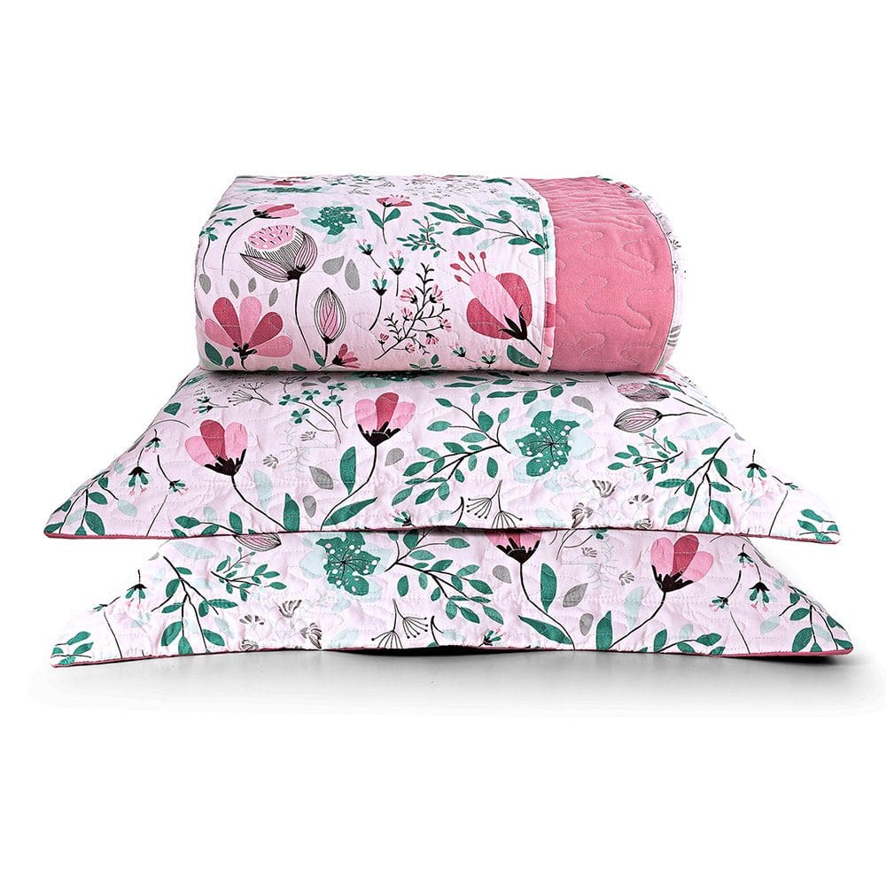 Kit Cobre Leito Colcha Celi Casal Padrão Dupla Face Micropercal 200 Fios 3 Peças Bothanica Floral Rosa